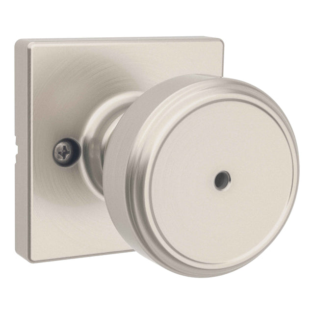 Kwikset 300MNKSQT Maven Knob Square Rose Privacy Door Lock in Satin Nickel