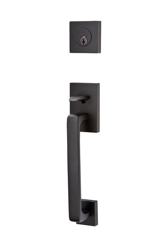 Emtek Lever Right Hand 2-3/8" and 2-3/4" Backset Single Cylinder Baden Tubular Handleset in Flat Black