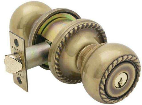 Emtek Knob 2-3/8" and 2-3/4" Backset Keyed Entry with Rope Rose for 1-3/8" to 2-1/16" Door - Reversible in French Antique Brass