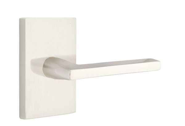 Emtek Lever Left Hand 2-3/8" Backset with Radius Latch Strike Passage with Modern Rectangular Rose for 1-1/4" to 2" Door Satin Nickel