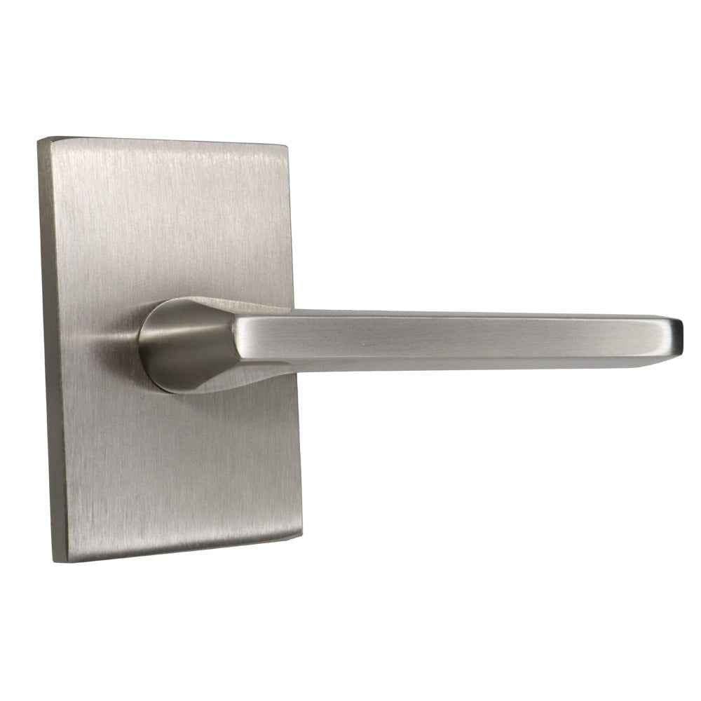 Emtek Lever Right Hand 2-3/8" Backset with Radius Latch Strike Passage with Modern Rectangular Rose for 1-1/4" to 2" Door in Satin Nickel