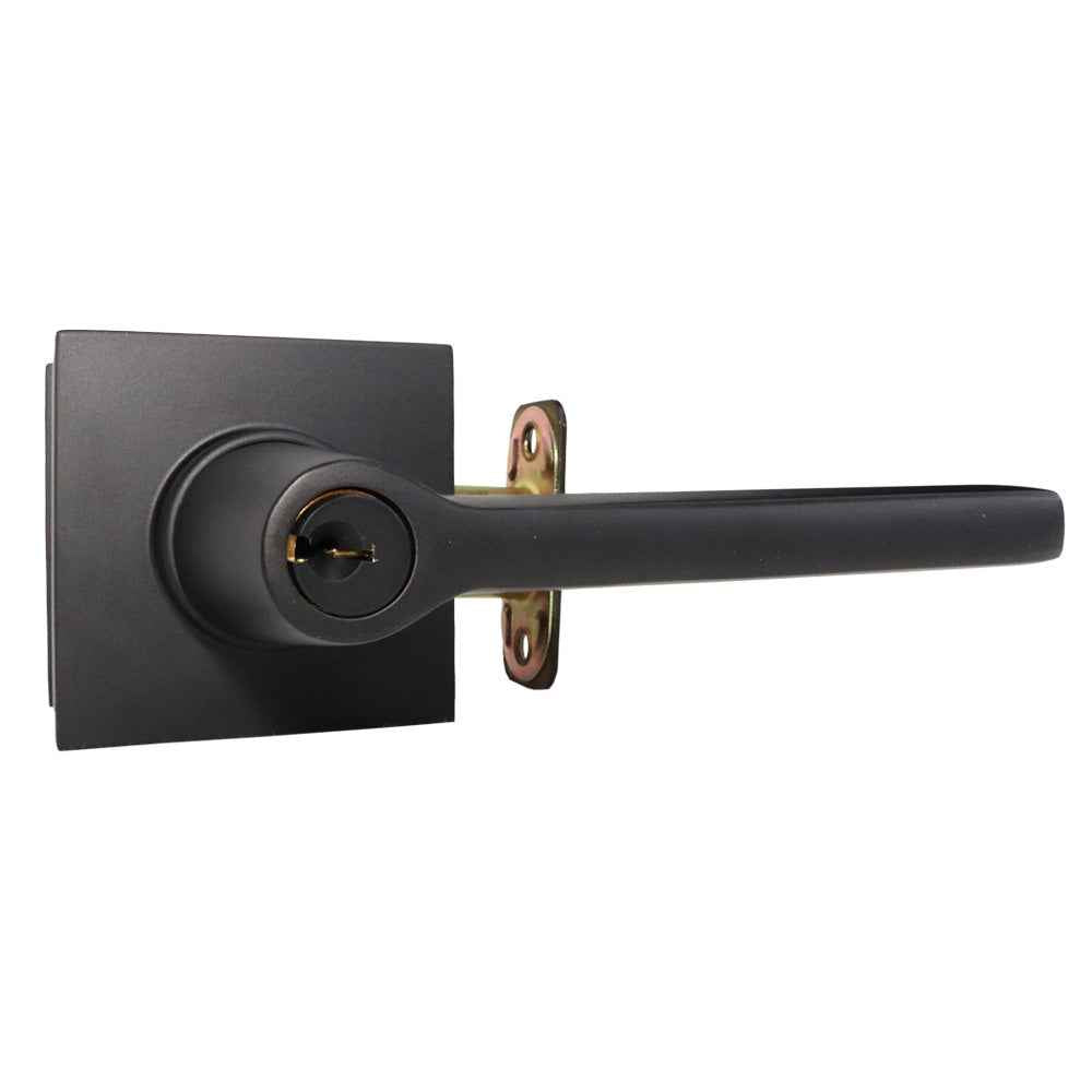 Emtek Lever Right Hand 2-3/8" and 2-3/4" Backset with Radius Latch Strike Keyed Entry with Square Rose for 1-3/8" to 2-1/16" Door in Flat Black