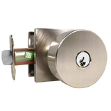 Emtek Knob 2-3/8" and 2-3/4" Backset with Radius Latch Strike Keyed Entry with Square Rose for 1-3/8" to 2-1/16" Door in Satin Nickel