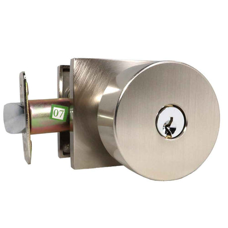 Emtek Knob 2-3/8" and 2-3/4" Backset with Radius Latch Strike Keyed Entry with Square Rose for 1-3/8" to 2-1/16" Door in Satin Nickel