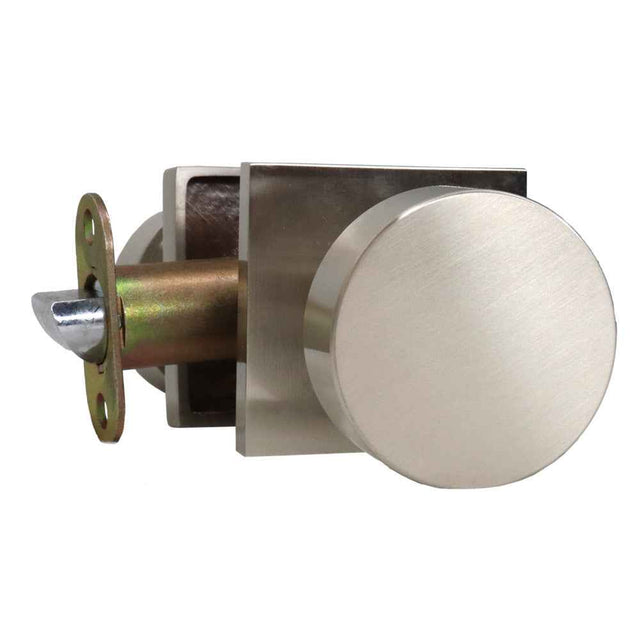 Emtek Knob 2-3/8" Backset with Radius Latch Strike Privacy with Square Rose for 1-1/4" to 2" Door in Satin Nickel