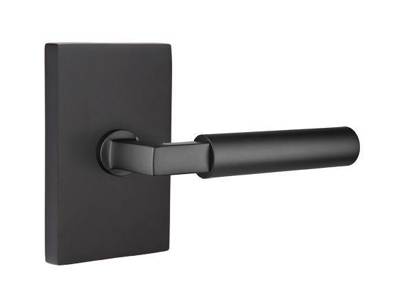 Emtek Lever Left Hand 2-3/8" Backset Privacy with Modern Rectangular Rose for 1-1/4" to 2" Door in Flat Black