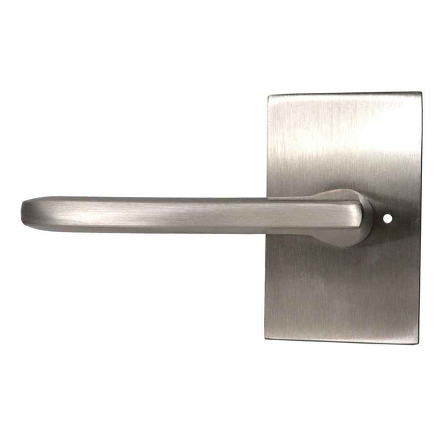 Emtek Lever Left Hand 2-3/8" Backset with Radius Latch Strike Privacy with Modern Rectangular Rose for 1-1/4" to 2" Door in Satin Nickel