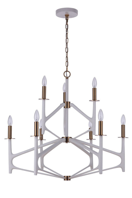 Craftmade 55529-MWWSB-SB The Reserve 9 Light 2-Tier Chandelier Matte White / Satin Brass