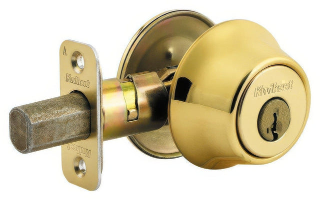 Kwikset single cylinder deadbolt in polished brass, additional view