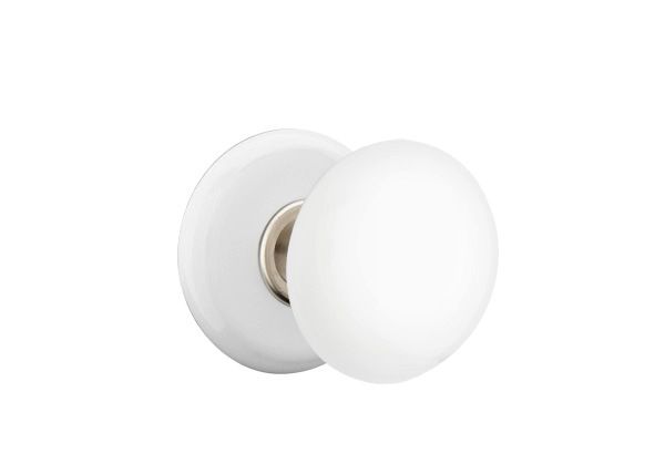 Emtek White Porcelain Knob 2-3/8" Backset Privacy with Porcelain Rose for 1-1/4" to 2" Door - Reversible in Satin Nickel
