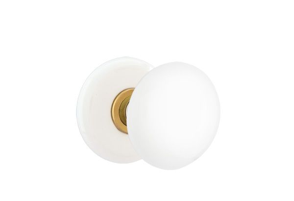 Emtek White Porcelain Knob 2-3/8" Backset Privacy with Porcelain Rose for 1-1/4" to 2" Door - Reversible in French Antique Brass
