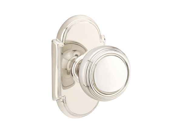 Emtek Knob 2-3/8" Backset Passage with # 8 Rose for 1-1/4" to 2" Door - Reversible in Polished Nickel Lifetime