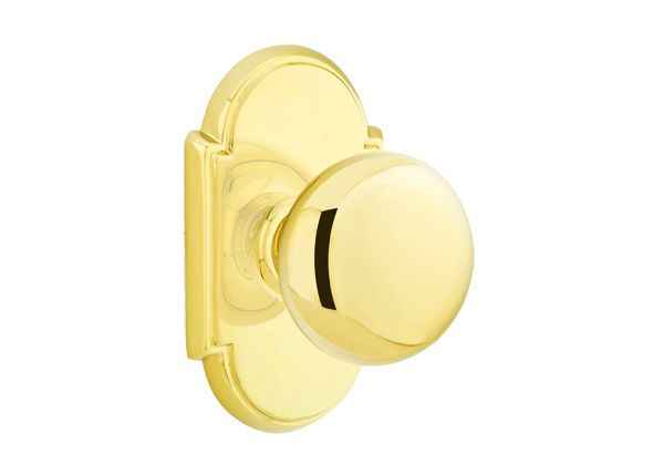 Emtek Knob 2-3/8" Backset Passage with # 8 Rose for 1-1/4" to 2" Door - Reversible in Polished Brass Lifetime