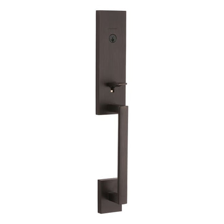 Kwikset Vancouver single cylinder keyed entry exterior handleset with SmartKey and strike pack in Venetian bronze