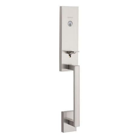 Kwikset Vancouver single cylinder keyed entry exterior handleset with SmartKey and strike pack in satin nickel