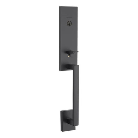 Kwikset Vancouver single cylinder keyed entry exterior handleset with SmartKey and strike pack in matte black