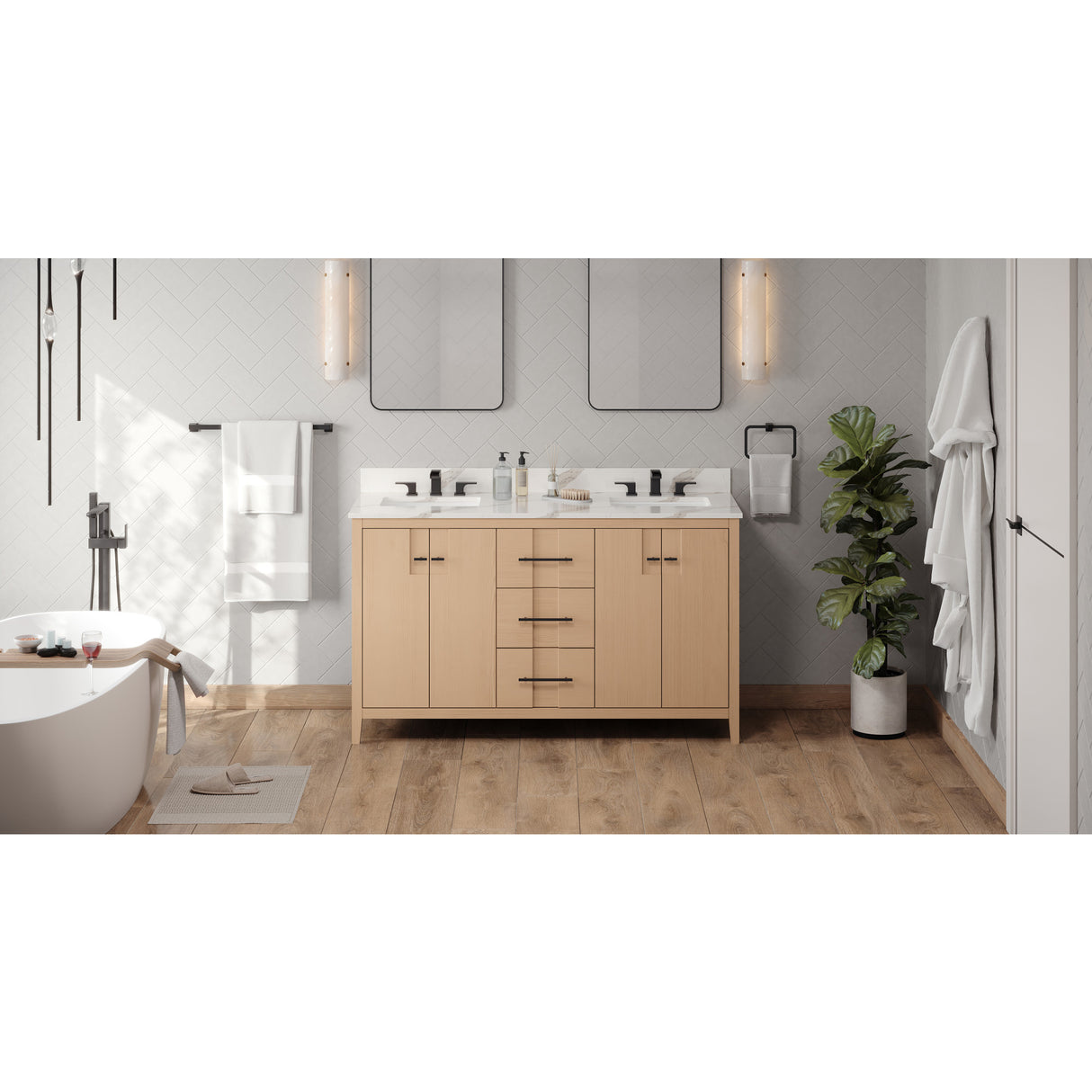 Jeffrey Alexander Katara 60" Natural Oak Double Sink Bathroom Vanity with Calacatta Vienna Quartz Top - 8 in. Widespread Faucet Top