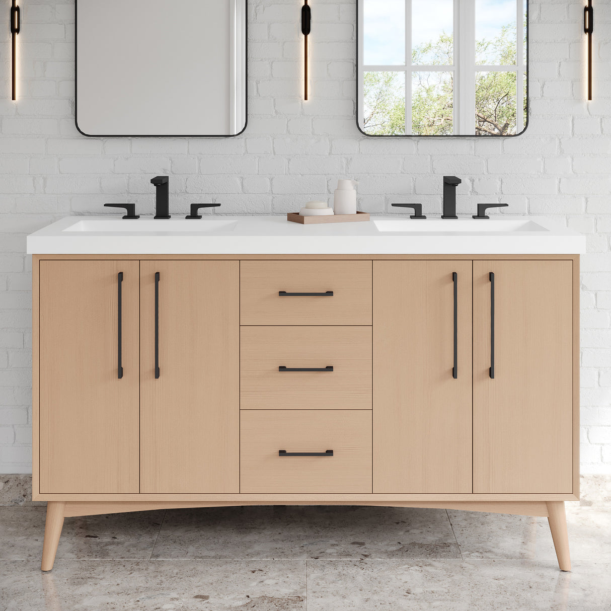 Jeffrey Alexander Dashwood 60" Natural Oak Double Sink Bathroom Vanity with White Resin Top - 8 in. Widespread Faucet Top