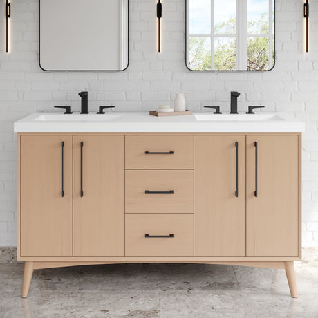 Jeffrey Alexander Dashwood 60" Natural Oak Double Sink Bathroom Vanity with White Resin Top - 8 in. Widespread Faucet Top