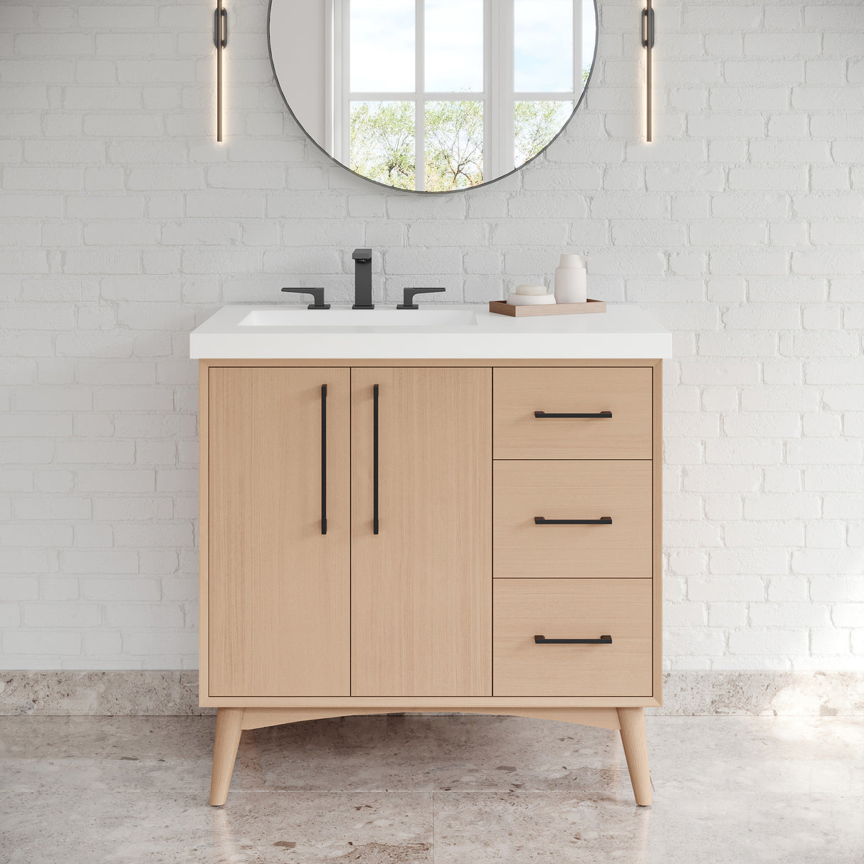 Jeffrey Alexander Dashwood Natural Oak Single Sink Bathroom Vanity with White Resin Top - 8 in. Widespread Faucet Top - VKITDAS36NORER