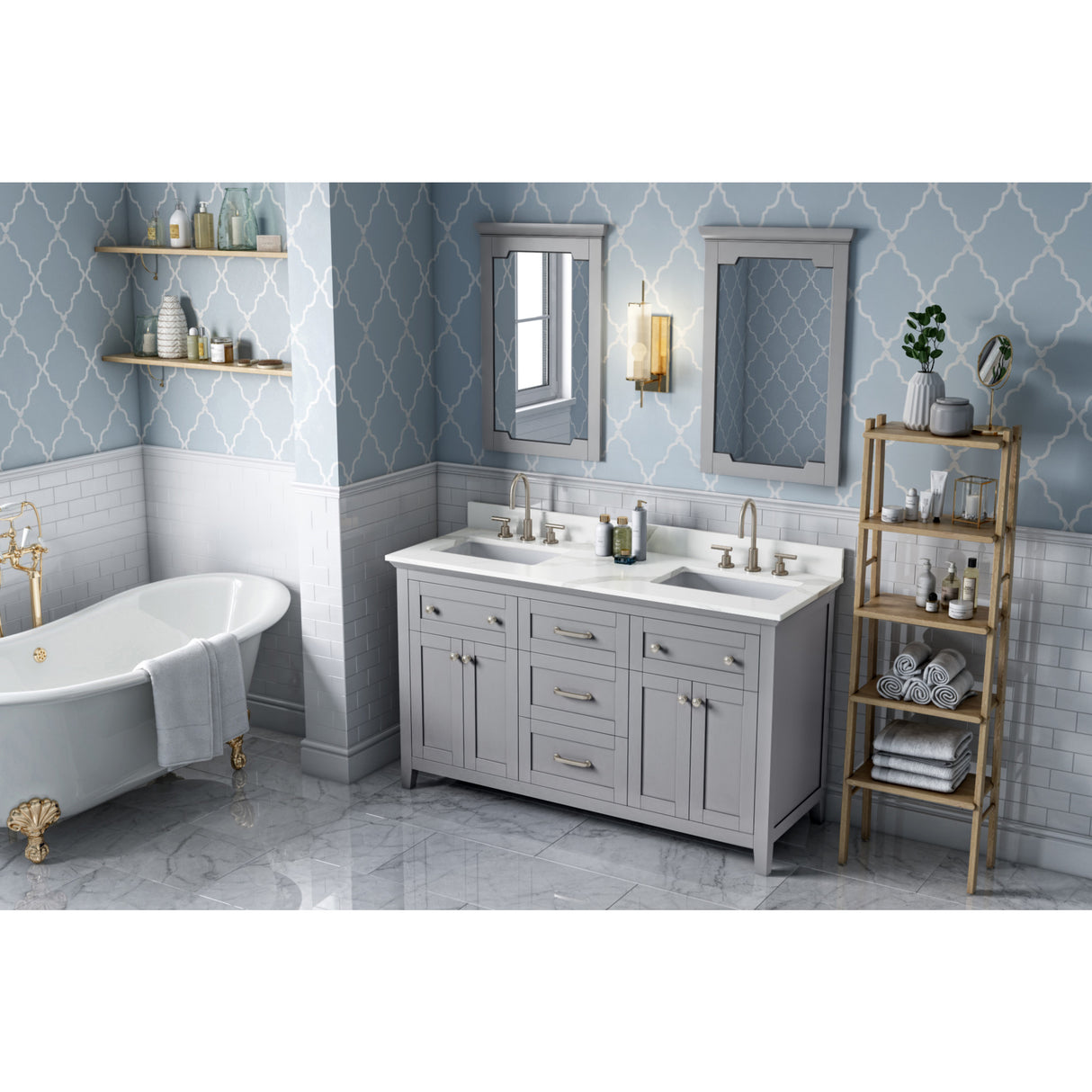 Jeffrey Alexander Chatham 60" Grey Double Sink Bathroom Vanity with Calacatta Vienna Quartz Top - 8 in. Widespread Faucet Top - VKITCHA60GRCQR