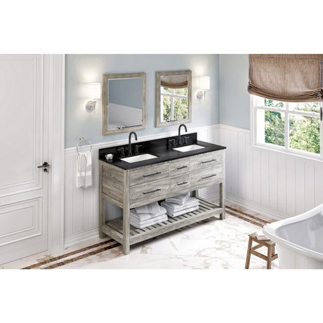 Jeffrey Alexander Wavecrest 60" Weathered Grey Double Sink Bathroom Vanity with Black Granite Top - 8 in. Widespread Faucet Top