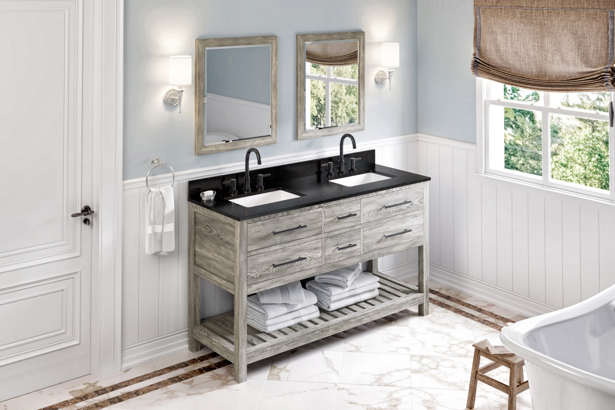 Jeffrey Alexander Wavecrest 60" Weathered Grey Double Sink Bathroom Vanity with Black Granite Top - 8 in. Widespread Faucet Top product image 6