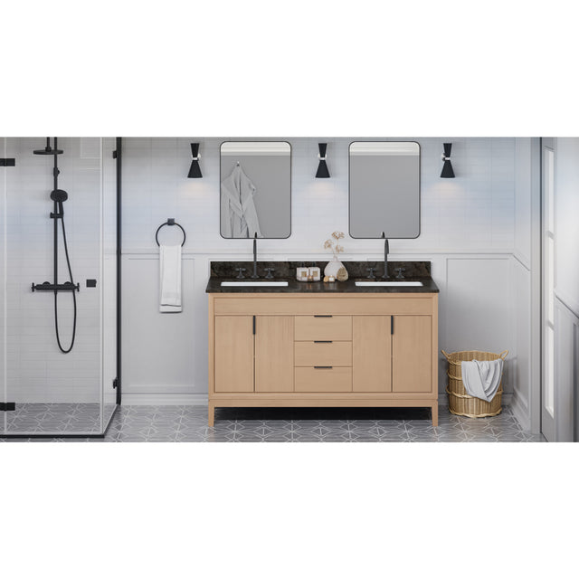 Jeffrey Alexander Theodora 60" Natural Oak Double Sink Bathroom Vanity with Blue Limestone Top - 8 in. Widespread Faucet Top