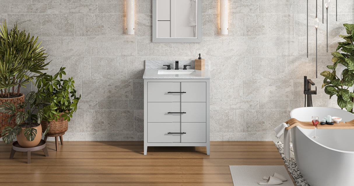 Jeffrey Alexander Katara 30" Grey Single Sink Bathroom Vanity with White Carrara Marble Top - 8 in. Widespread Faucet Top product image 7