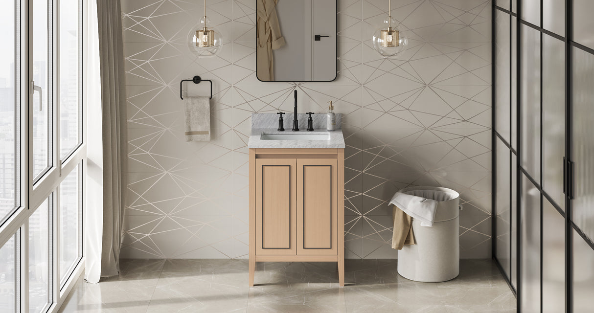 Jeffrey Alexander Percival 24" Natural Oak Single Sink Bathroom Vanity with White Carrara Marble Top - 8 in. Widespread Faucet Top product image 6