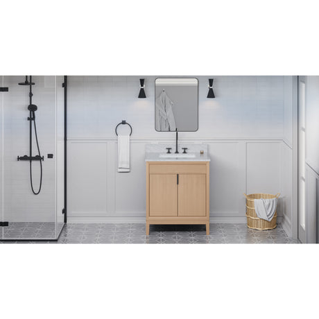 Jeffrey Alexander Theodora 30" Natural Oak Single Sink Bathroom Vanity with White Carrara Marble Top - 8 in. Widespread Faucet Top