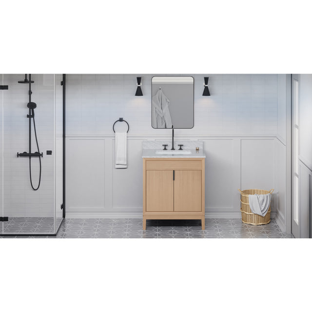 Jeffrey Alexander Theodora 30" Natural Oak Single Sink Bathroom Vanity with White Carrara Marble Top - 8 in. Widespread Faucet Top