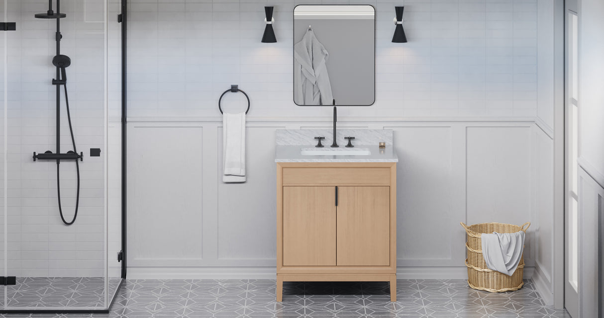 Jeffrey Alexander Theodora 30" Natural Oak Single Sink Bathroom Vanity with White Carrara Marble Top - 8 in. Widespread Faucet Top product image 6