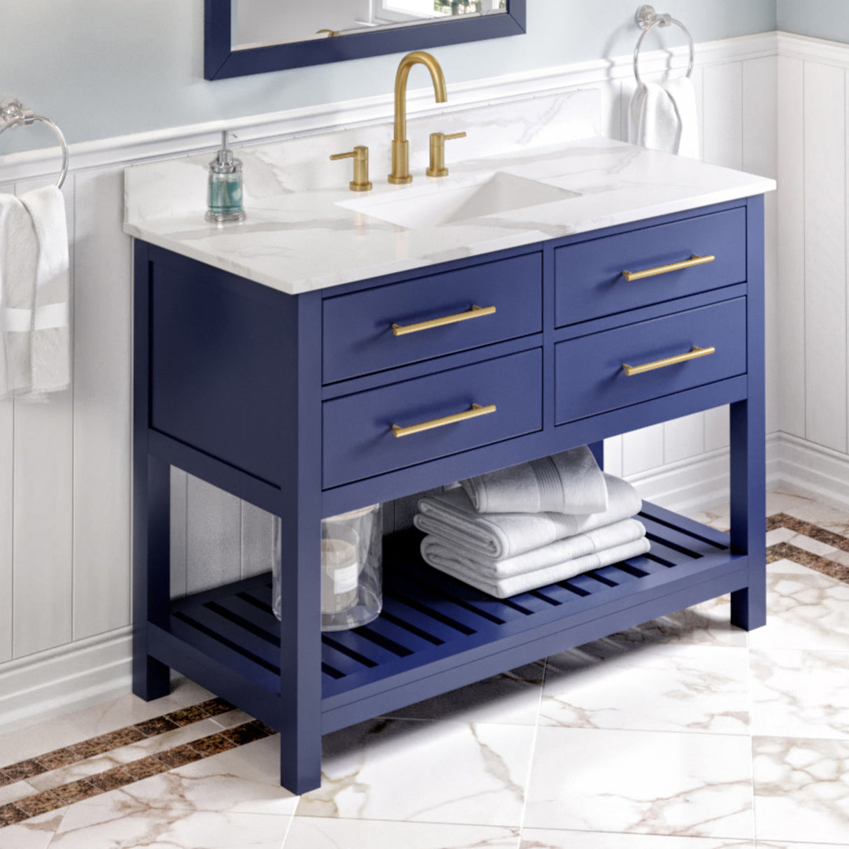 Jeffrey Alexander Wavecrest 48" Hale Blue Single Sink Bathroom Vanity with Calacatta Vienna Quartz Top - 8 in. Widespread Faucet Top product image 2