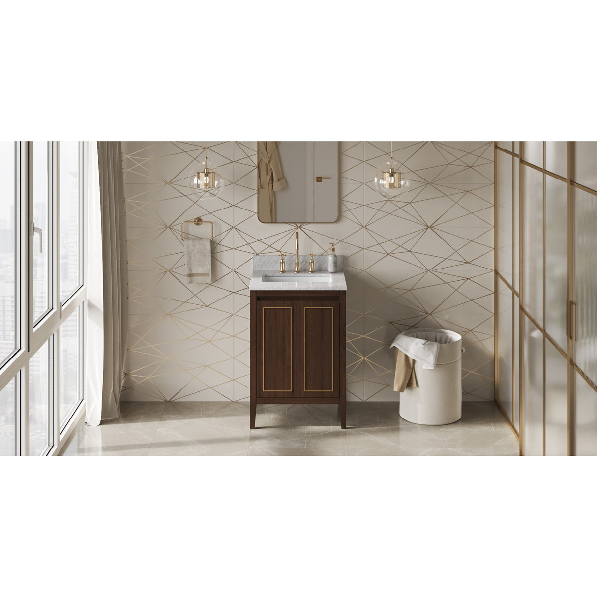 Jeffrey Alexander Percival 24" Dark Walnut Single Sink Bathroom Vanity with White Carrara Marble Top - 8 in. Widespread Faucet Top