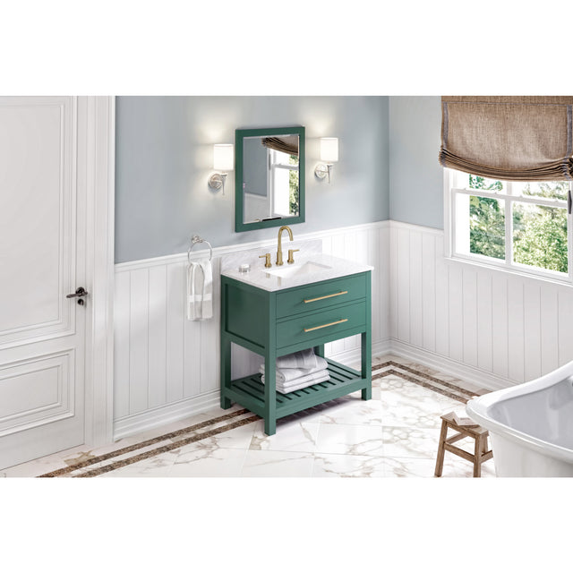 Jeffrey Alexander Wavecrest 36" Green Single Sink Bathroom Vanity with White Carrara Marble Top - 8 in. Widespread Faucet Top