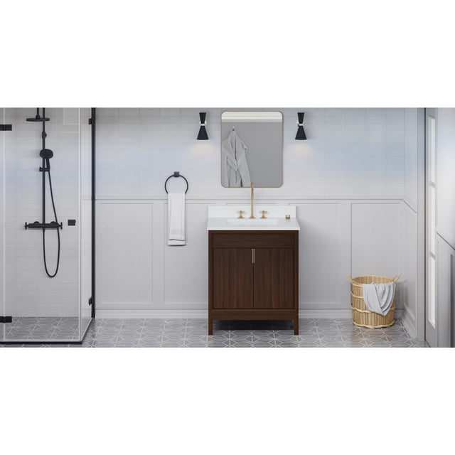 Jeffrey Alexander Theodora 30" Dark Walnut Single Sink Bathroom Vanity with White Quartz Top - 8 in. Widespread Faucet Top - VKITTHE30DWWQR