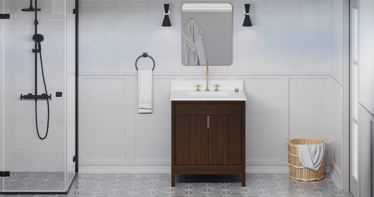 Jeffrey Alexander Theodora 30" Dark Walnut Single Sink Bathroom Vanity with White Quartz Top - 8 in. Widespread Faucet Top - VKITTHE30DWWQR product image 6