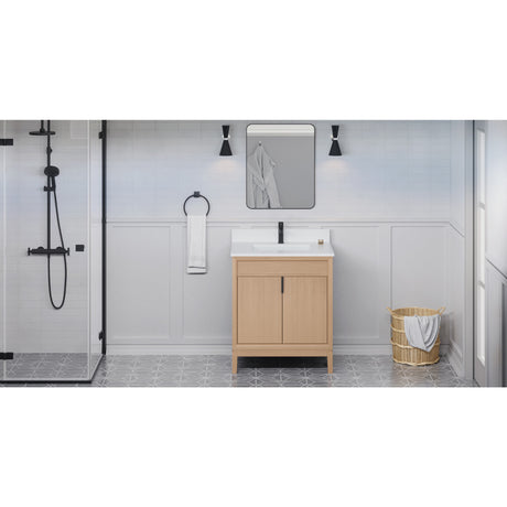 Jeffrey Alexander Theodora 30" Natural Oak Single Sink Bathroom Vanity with White Quartz Top - 8 in. Widespread Faucet Top - VKITTHE30NOWQR1