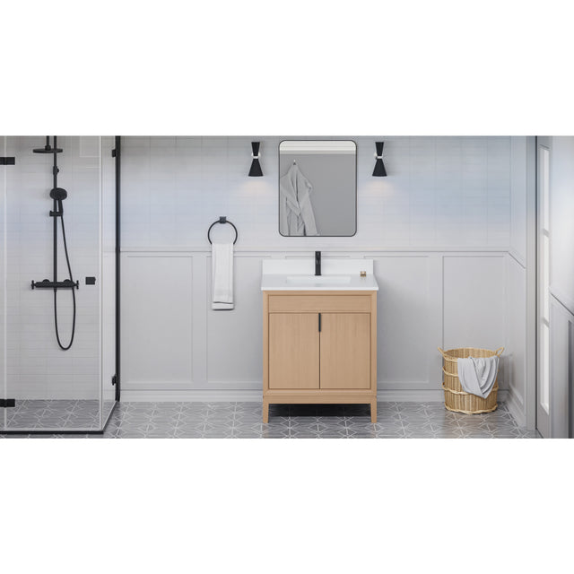 Jeffrey Alexander Theodora 30" Natural Oak Single Sink Bathroom Vanity with White Quartz Top - 8 in. Widespread Faucet Top - VKITTHE30NOWQR1