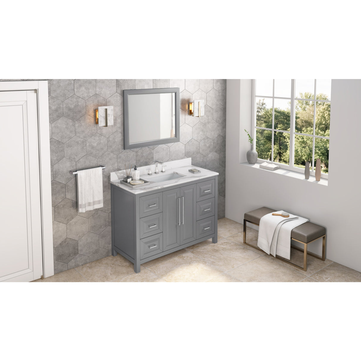 Jeffrey Alexander Cade 48" Grey Single Sink Bathroom Vanity with Calacatta Vienna Quartz Top - 8 in. Widespread Faucet Top