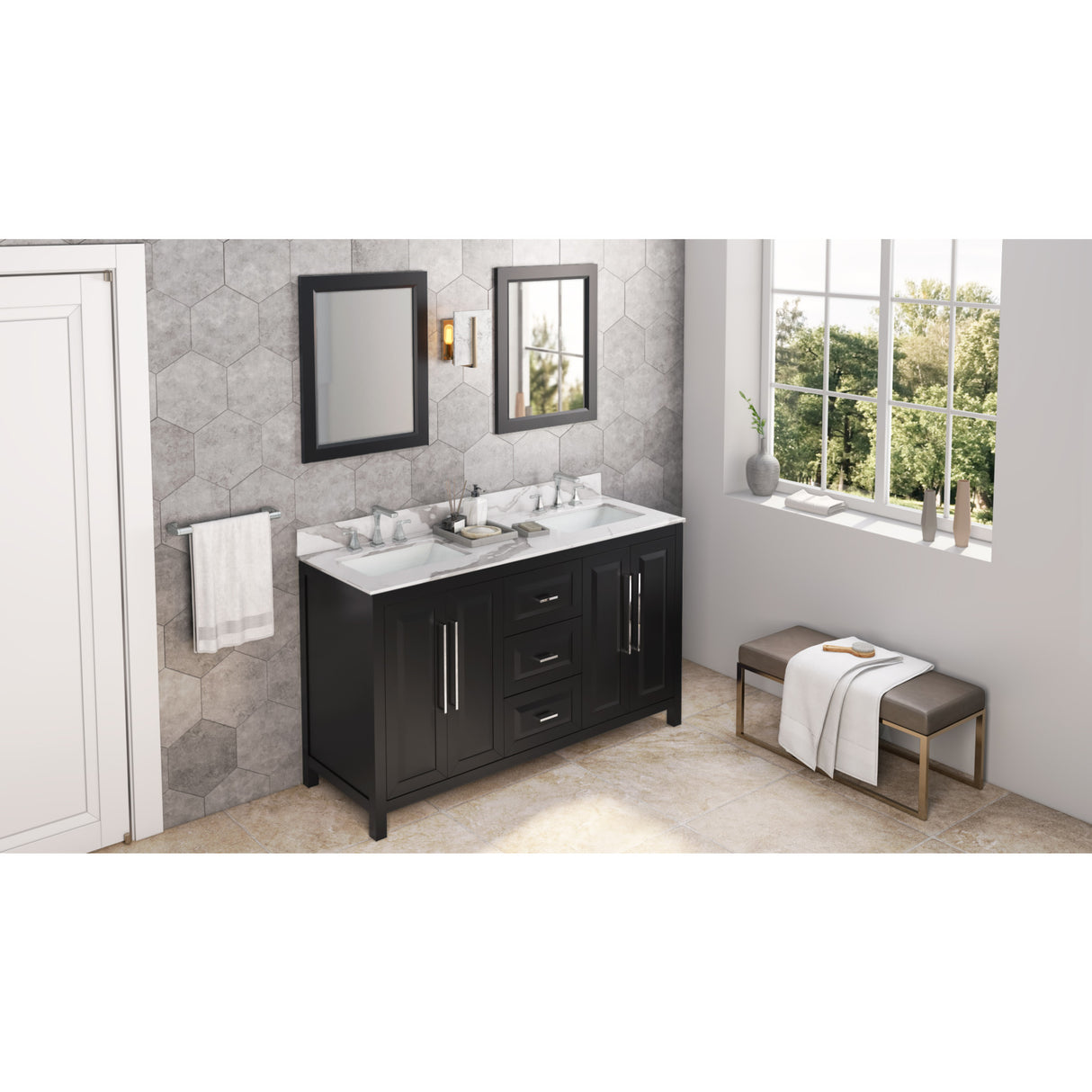 Jeffrey Alexander Cade 60" Black Double Sink Bathroom Vanity with Calacatta Vienna Quartz Top - 8 in. Widespread Faucet Top