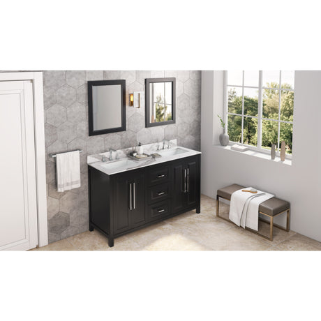 Jeffrey Alexander Cade 60" Black Double Sink Bathroom Vanity with Calacatta Vienna Quartz Top - 8 in. Widespread Faucet Top