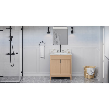 Jeffrey Alexander Theodora 30" Natural Oak Single Sink Bathroom Vanity with Calacatta Vienna Quartz Top - 8 in. Widespread Faucet Top