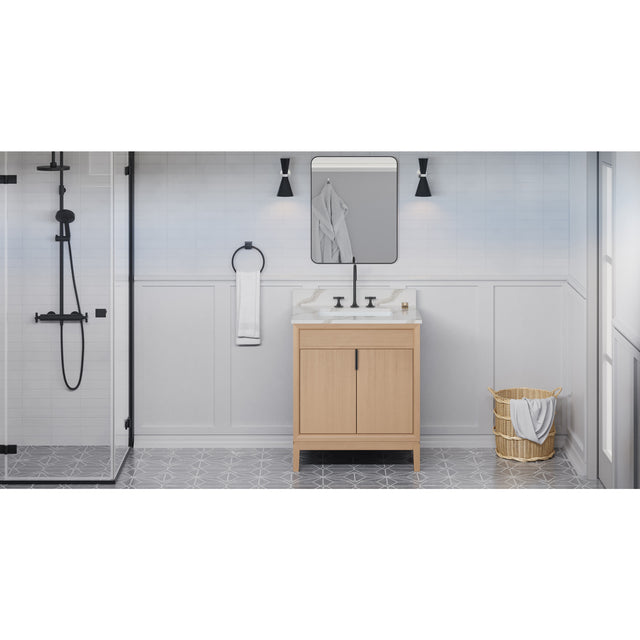 Jeffrey Alexander Theodora 30" Natural Oak Single Sink Bathroom Vanity with Calacatta Vienna Quartz Top - 8 in. Widespread Faucet Top