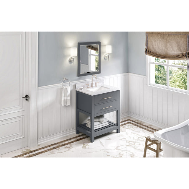 Jeffrey Alexander Wavecrest 30" Grey Single Sink Bathroom Vanity with White Carrara Marble Top - 8 in. Widespread Faucet Top