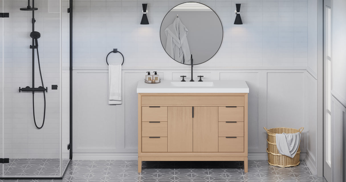 Jeffrey Alexander Theodora 48" Natural Oak Single Sink Bathroom Vanity with White Resin Top - 8 in. Widespread Faucet Top product image 5