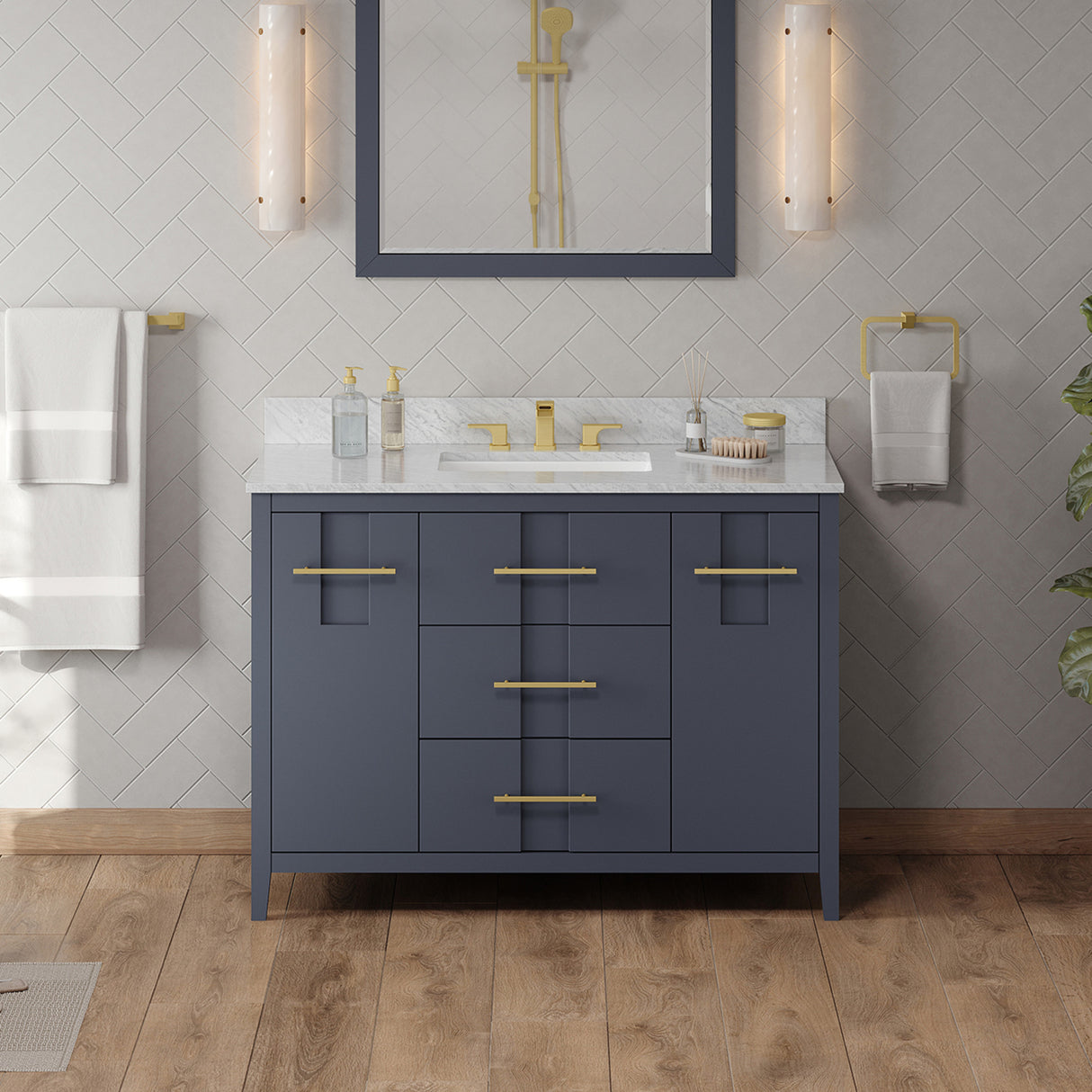 Jeffrey Alexander Katara 48" Blue Steel Single Sink Bathroom Vanity with White Carrara Marble Top - 8 in. Widespread Faucet Top product image 2