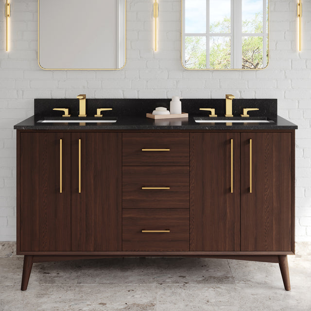 Jeffrey Alexander Dashwood 60" Dark Walnut Double Sink Bathroom Vanity with Black Granite Top - 8 in. Widespread Faucet Top