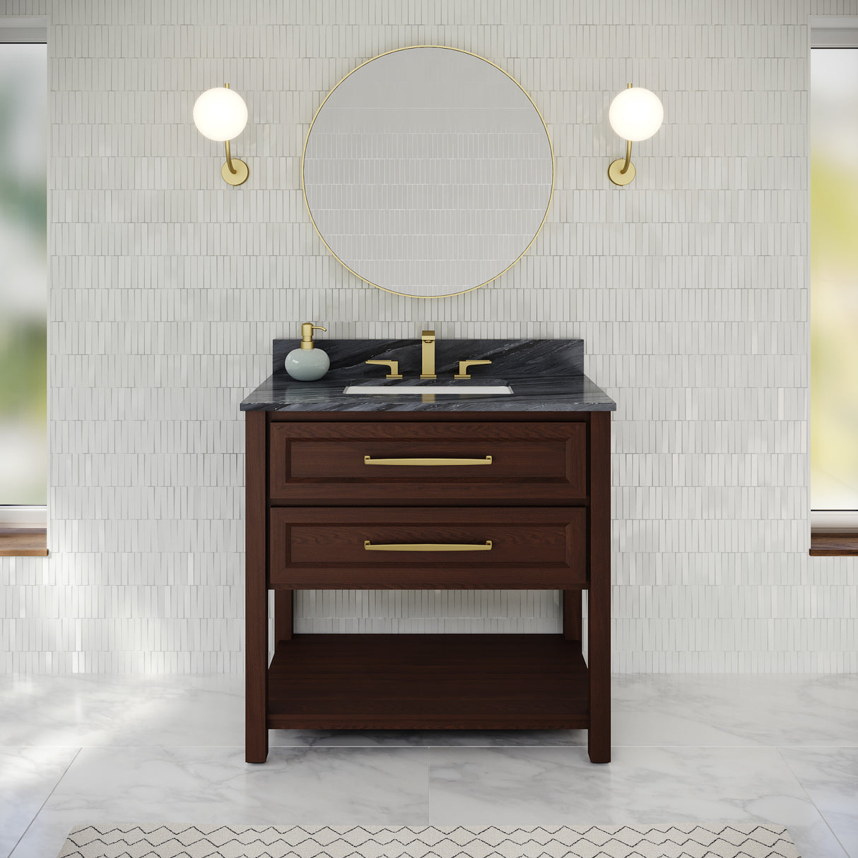 Jeffrey Alexander Kipling 37" Dark Walnut Single Sink Bathroom Vanity with Grey Marble Top - Single-Hole Faucet Top